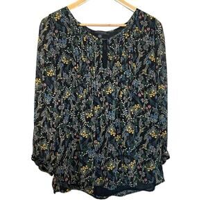 Tommy Hilfiger Women Top 2X Navy Floral‎ Babydoll Cottagecore Romantic Peasant